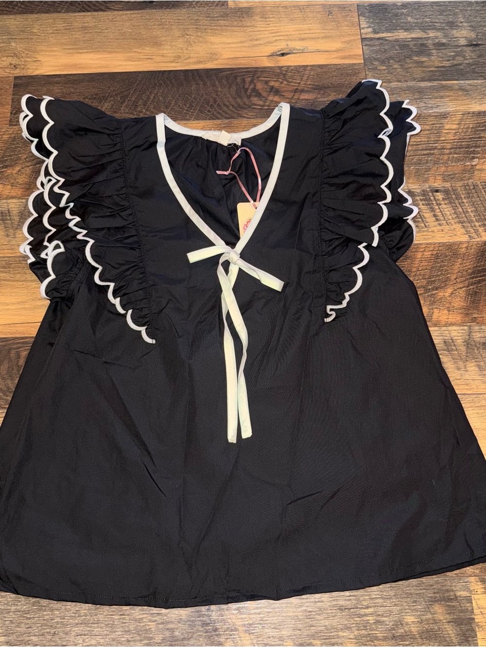 Entro Black Ruffle Trim Tie-Front Blouse with White Piping